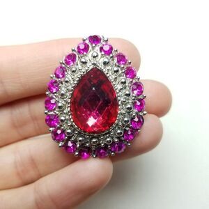 Vintage Hot Pink Rhinestone Drop Shape Brooch, Silver Tone Setting, Estate